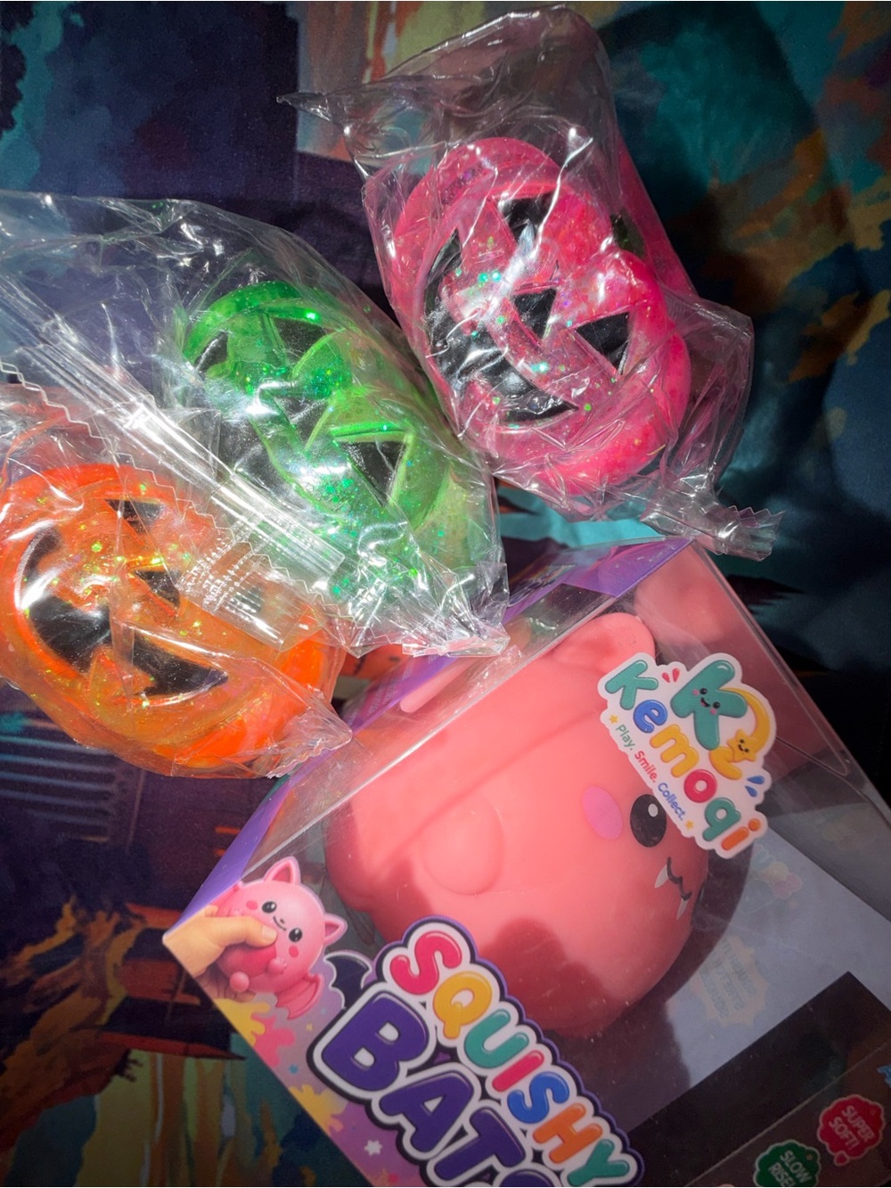 Squishy Bats with three Sugar Squish Pumpkins